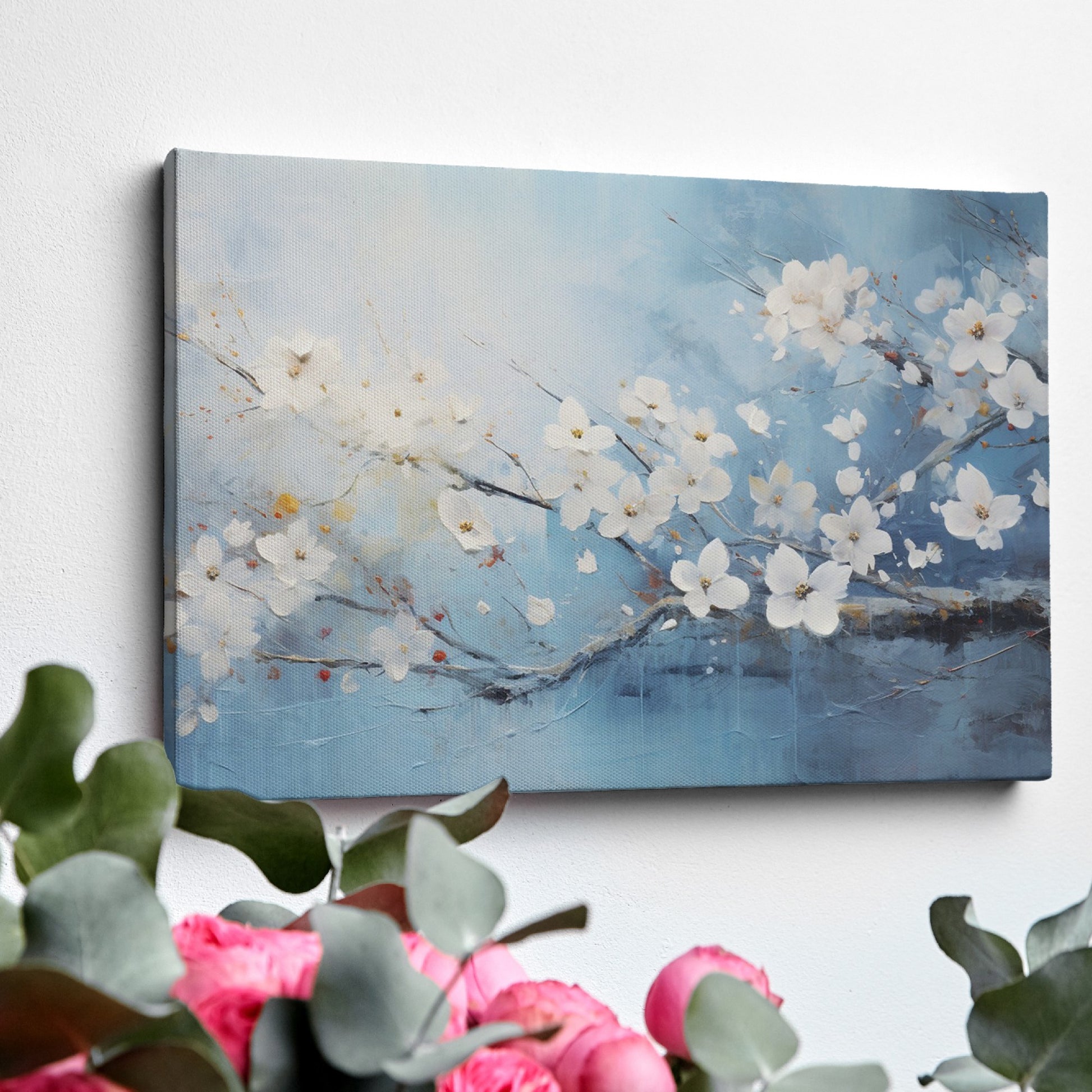 Framed canvas print of elegant white blossoms on a serene blue background with impasto textures