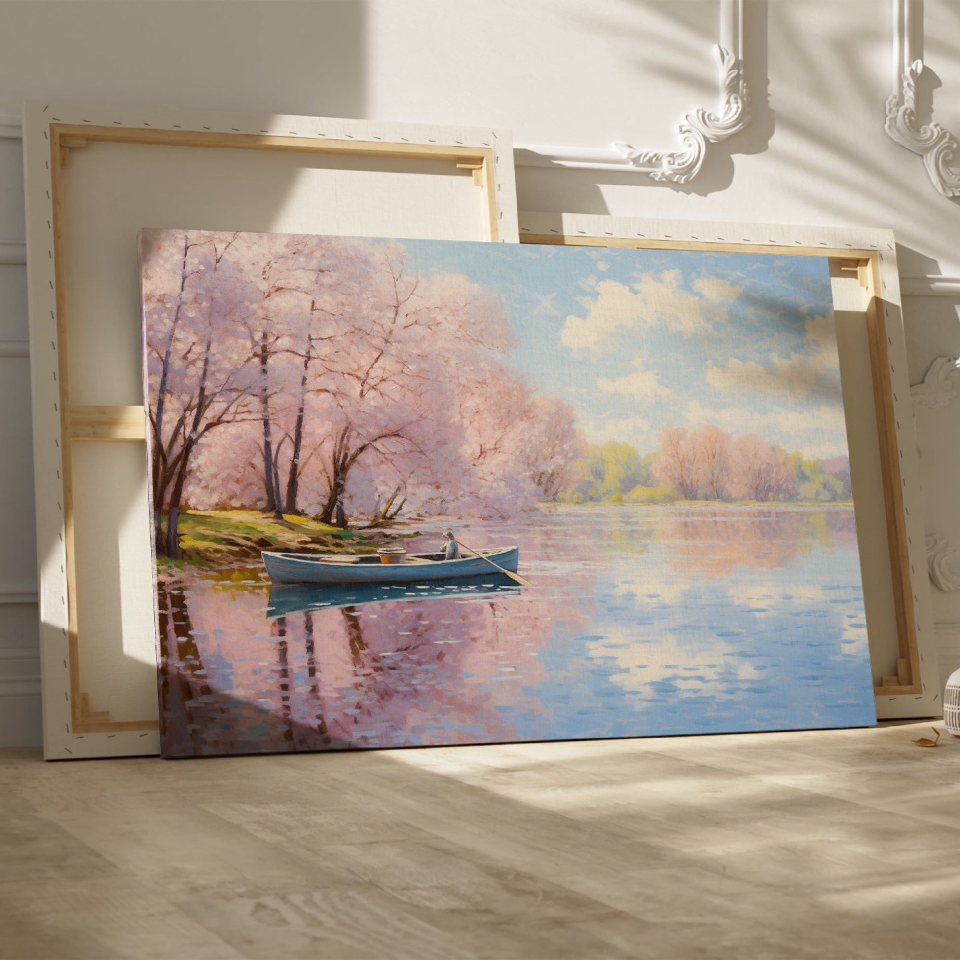 Framed canvas print of a serene river scene with cherry blossoms and a small boat