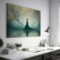 Framed canvas print of an ethereal woman amid a teal and gold enchanted forest