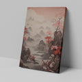 Framed canvas print of Oriental landscape with cherry blossoms and misty mountains