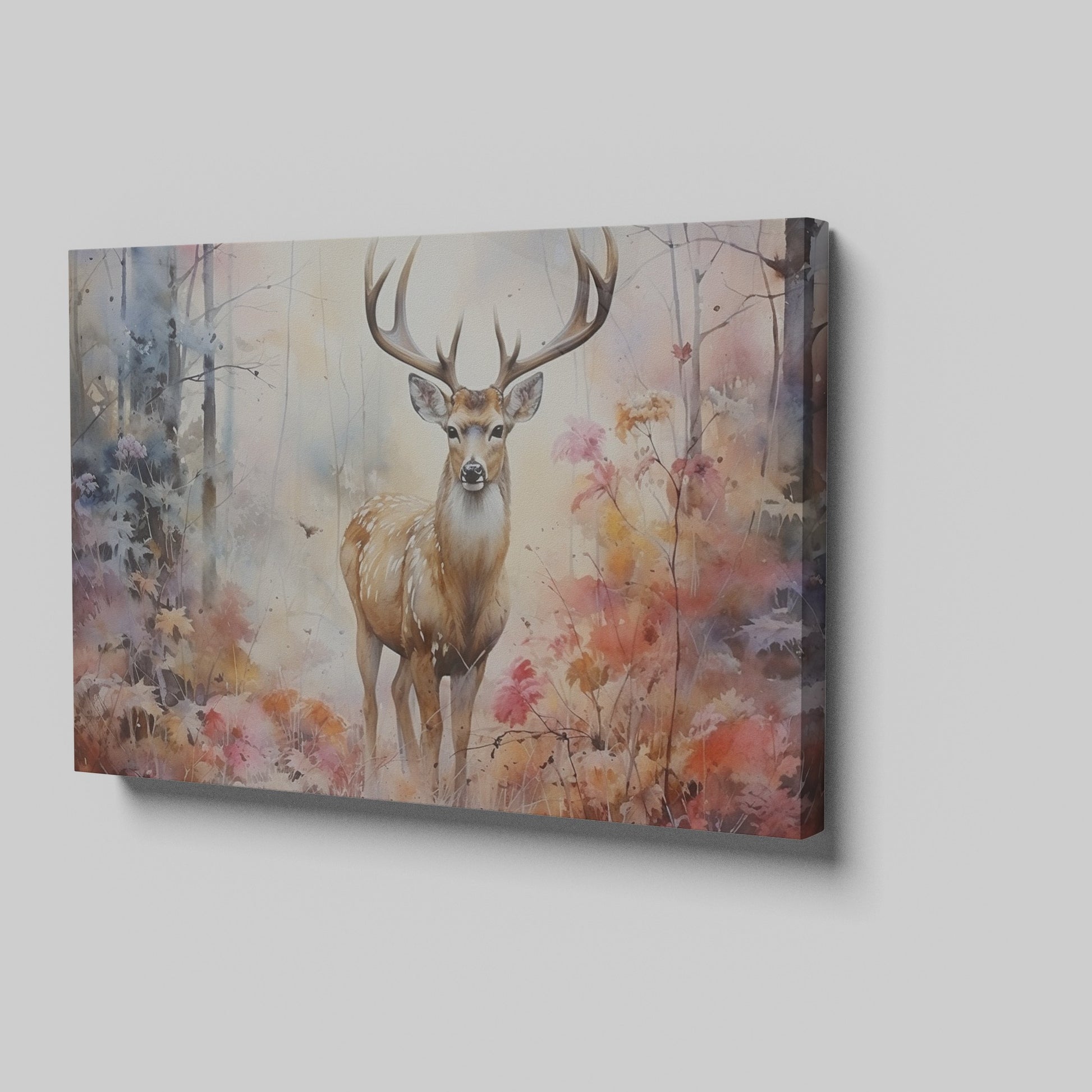 Framed canvas print of a majestic stag in a misty autumn forest