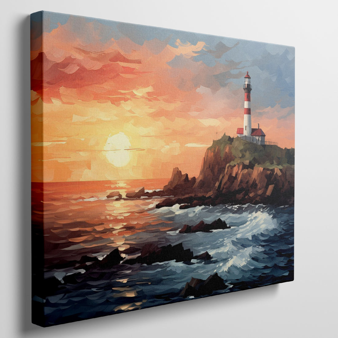 Framed canvas print of a sunset seascape with a lighthouse on a cliff