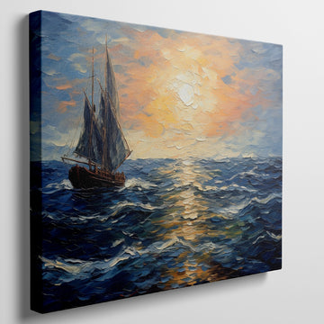 Framed canvas print of an Impressionist painting depicting a sailboat sailing on the ocean at sunset with vivid colours and bold brush strokes