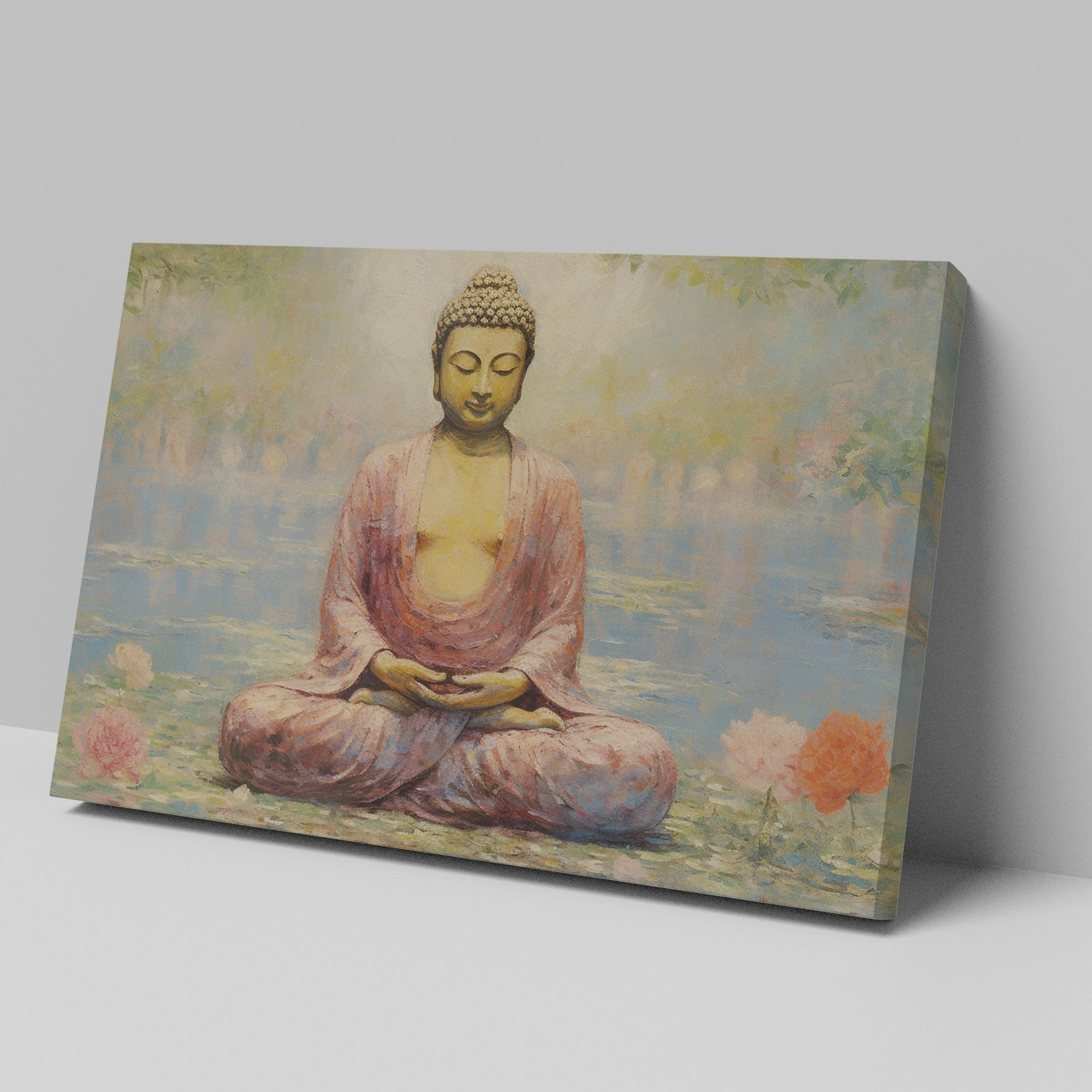 Framed canvas print of a serene Buddha in meditative pose with lotus flowers and reflective water