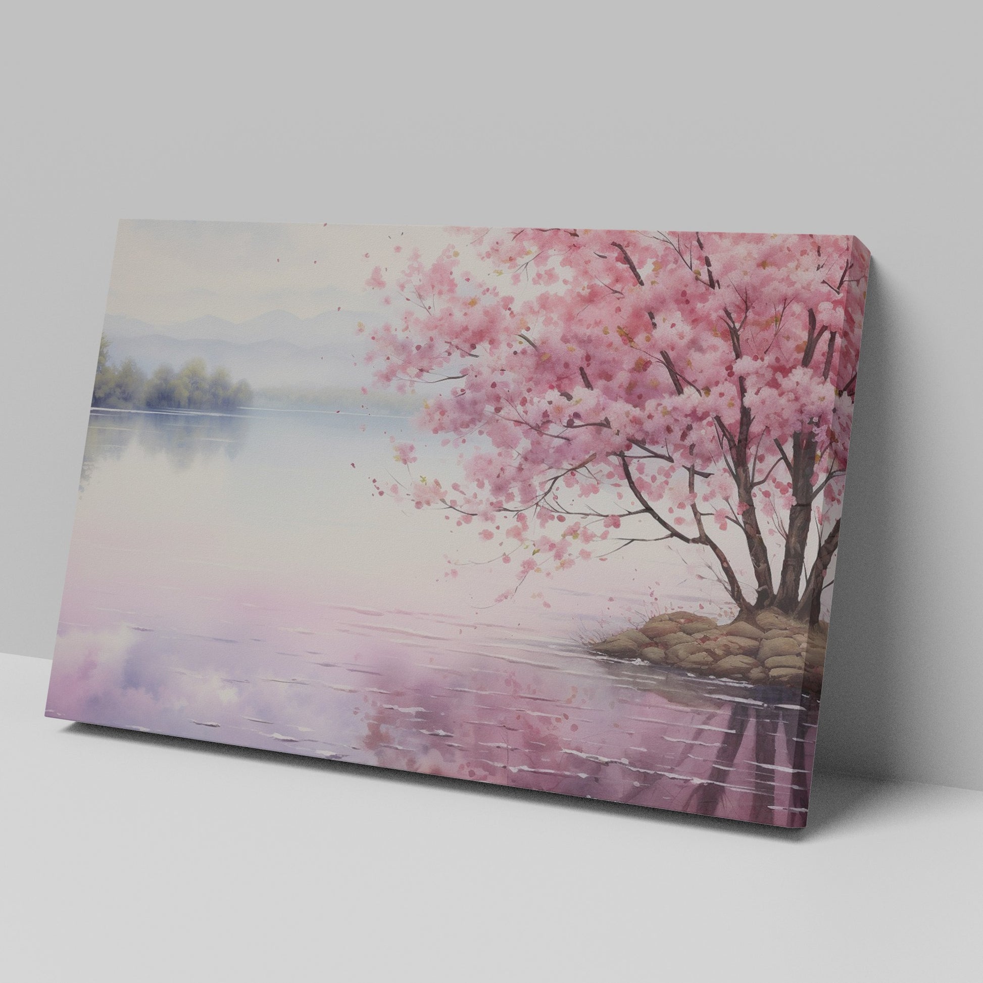 Framed canvas print of a serene cherry blossom tree by a quiet lake with pink and purple reflections