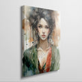 Framed canvas print of a watercolour portrait of a female with abstract elements