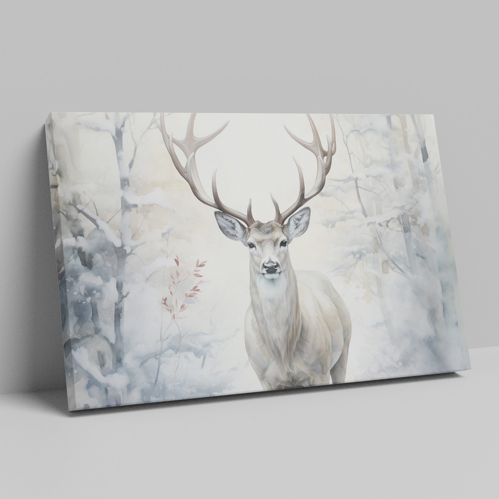 Framed canvas print of a majestic stag set against a snowy forest backdrop with soft beige and white tones