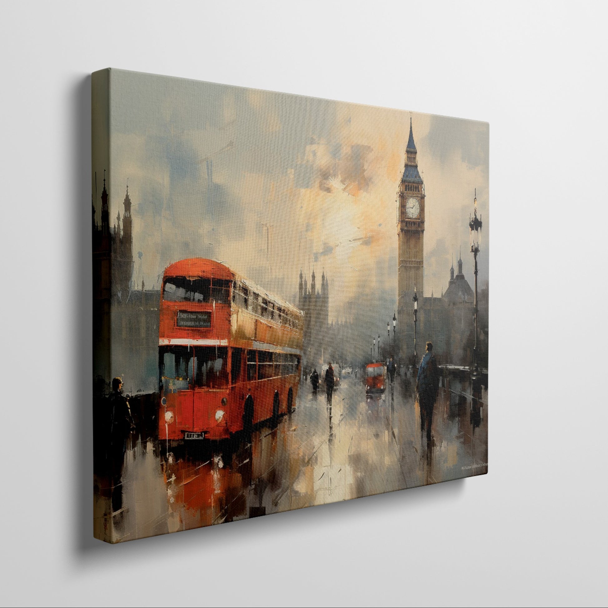 Framed canvas print of London with rain-swept Westminster, Big Ben, and a vintage red bus