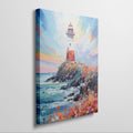 Framed canvas print of a vibrant impressionist seascape with a lighthouse at sunset