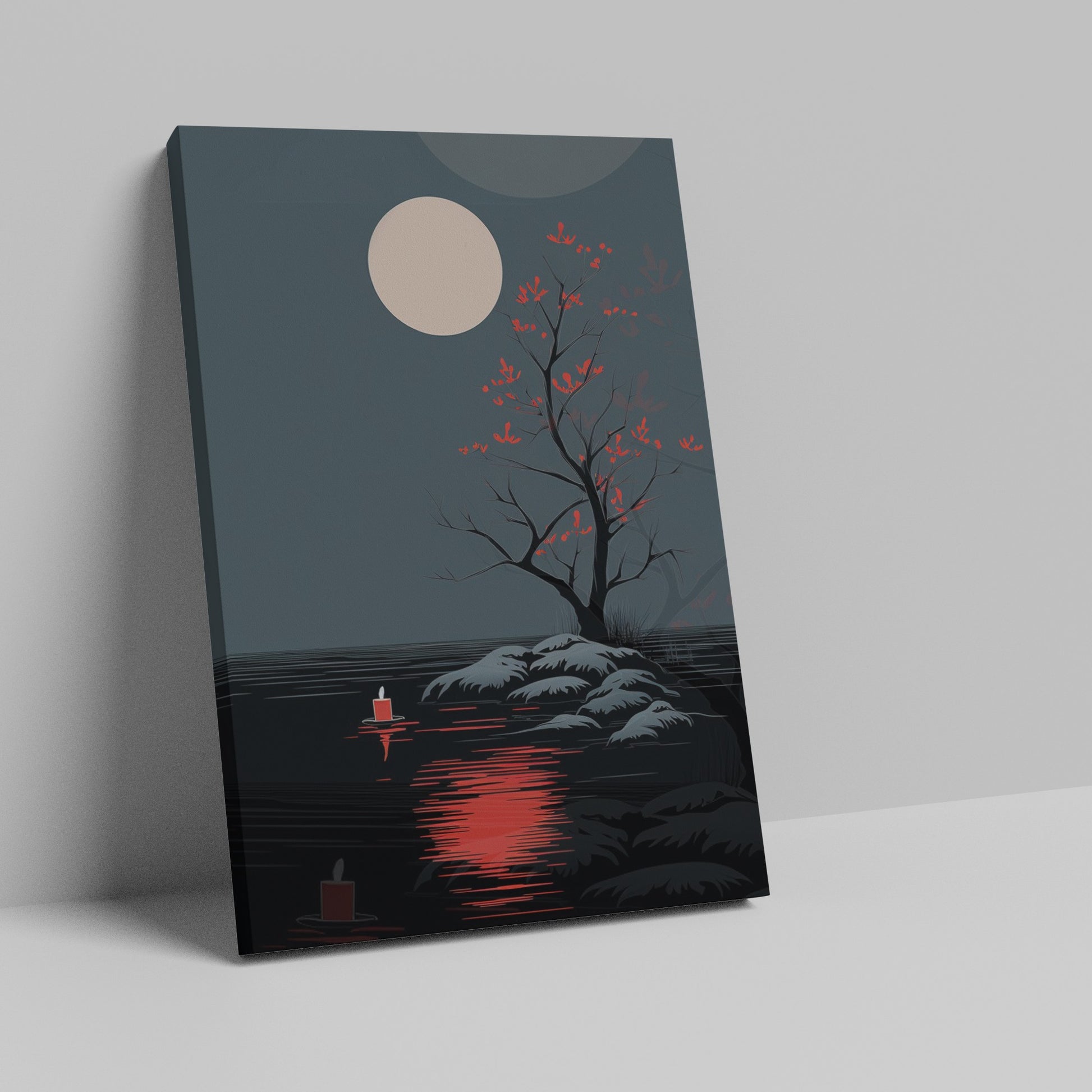 Framed canvas print of a minimalist tree at night with a glowing moon and red leaf accents