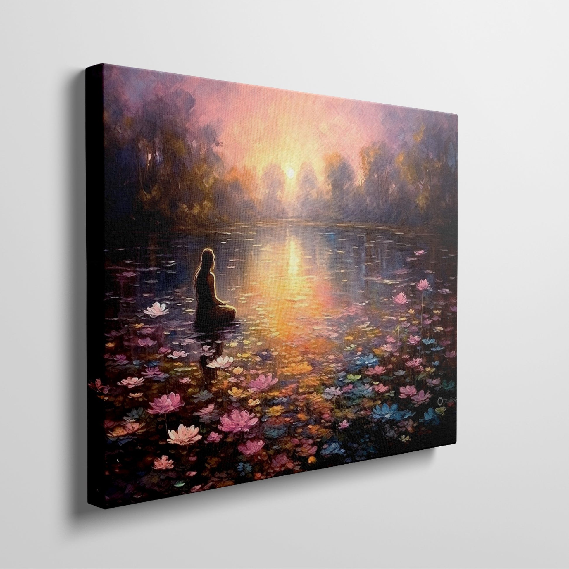 Framed canvas print of tranquil sunset over a lake with a thoughtful woman and colourful water lilies