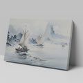 Framed canvas print of serene Oriental sailboats in watercolour with misty mountains and calm sea