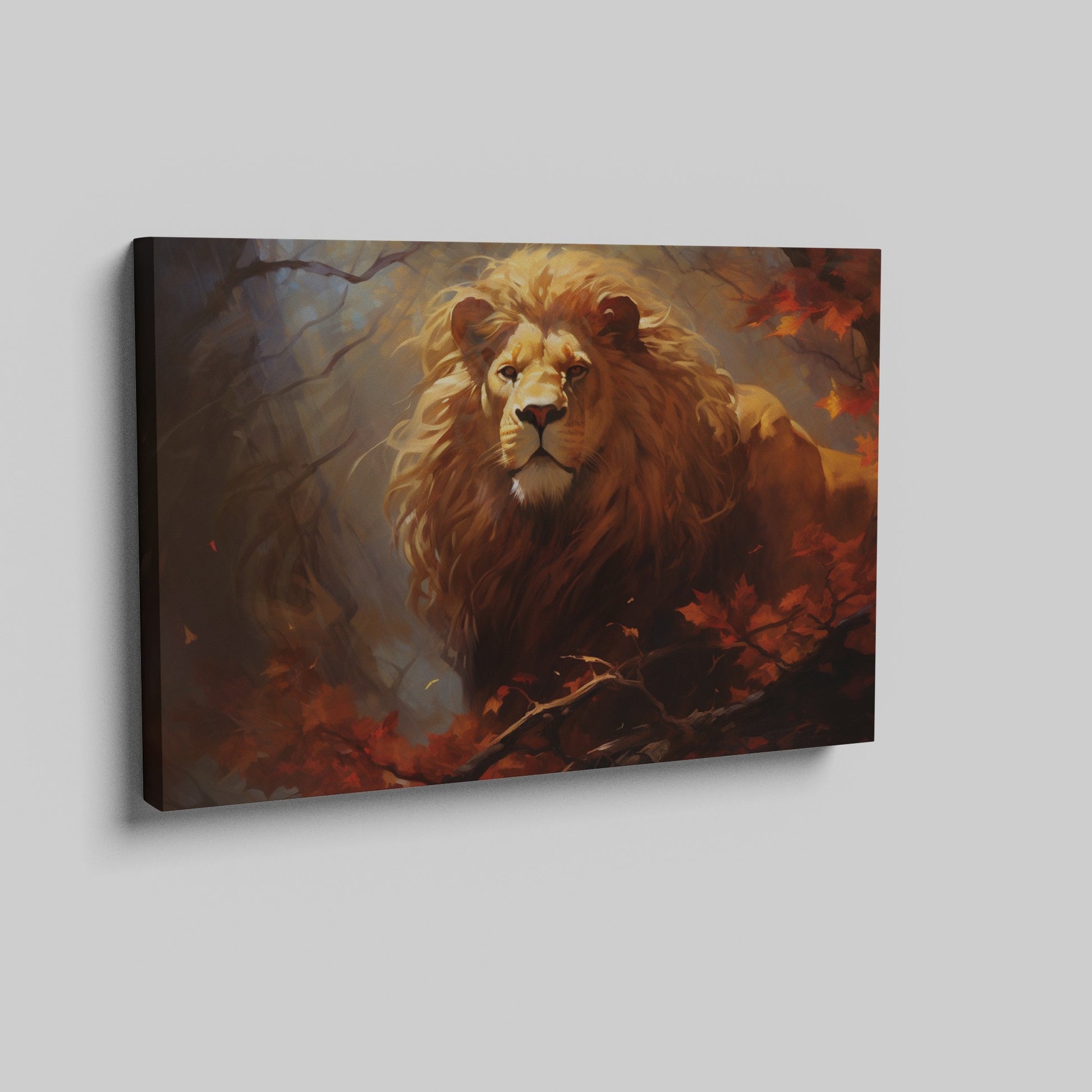 Framed canvas print of a majestic lion in an autumn forest with vibrant red and orange leaves