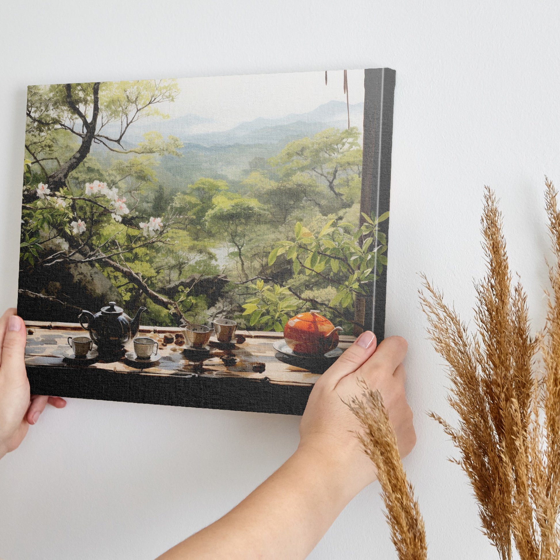 Framed canvas print of a serene Japanese tea garden view with cherry blossoms and mountains