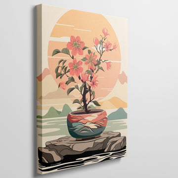 Stylized illustration of an orange bonsai tree in a colorful pot with a sunset and mountains in the background