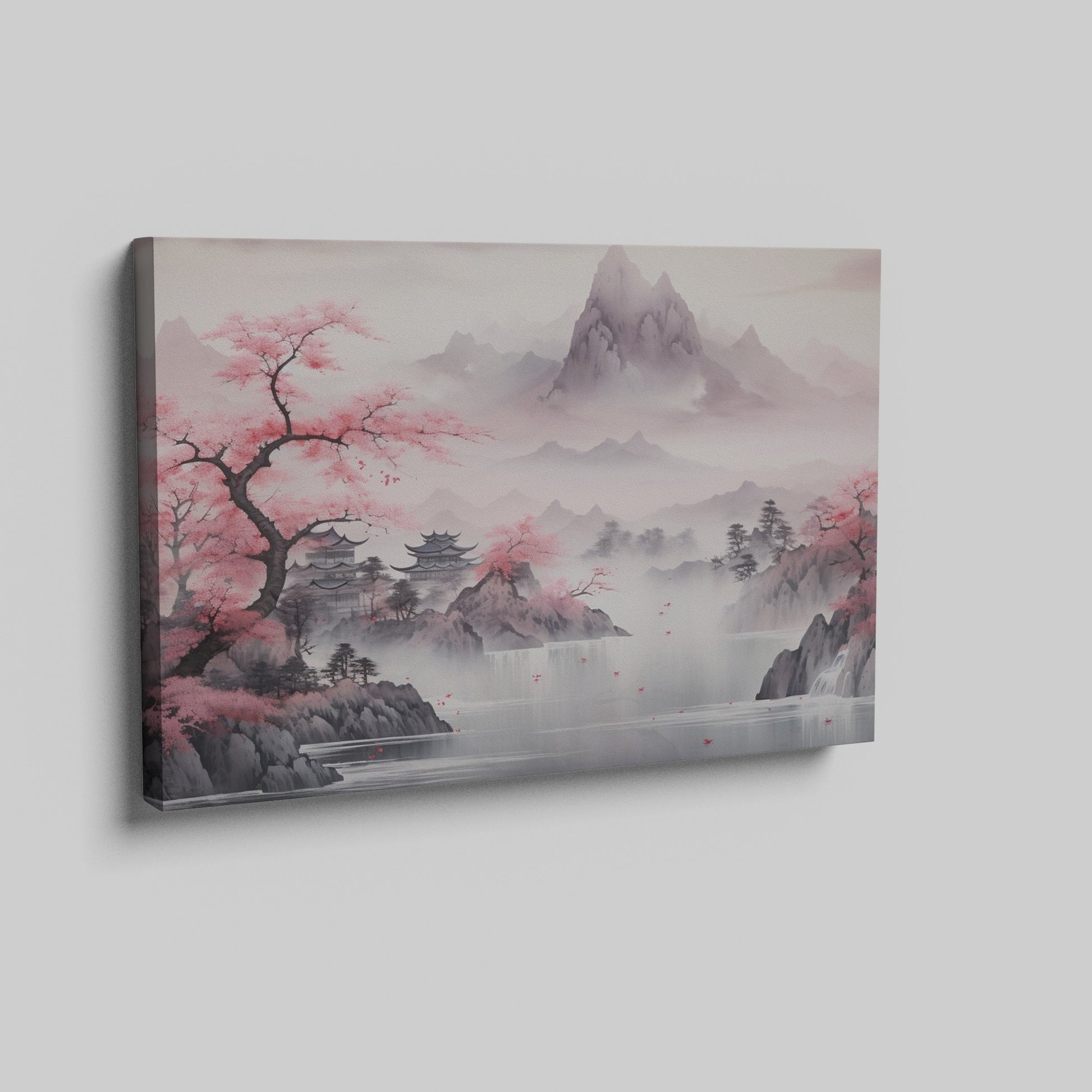 Framed canvas print of a traditional Asian landscape with cherry blossoms and misty mountains