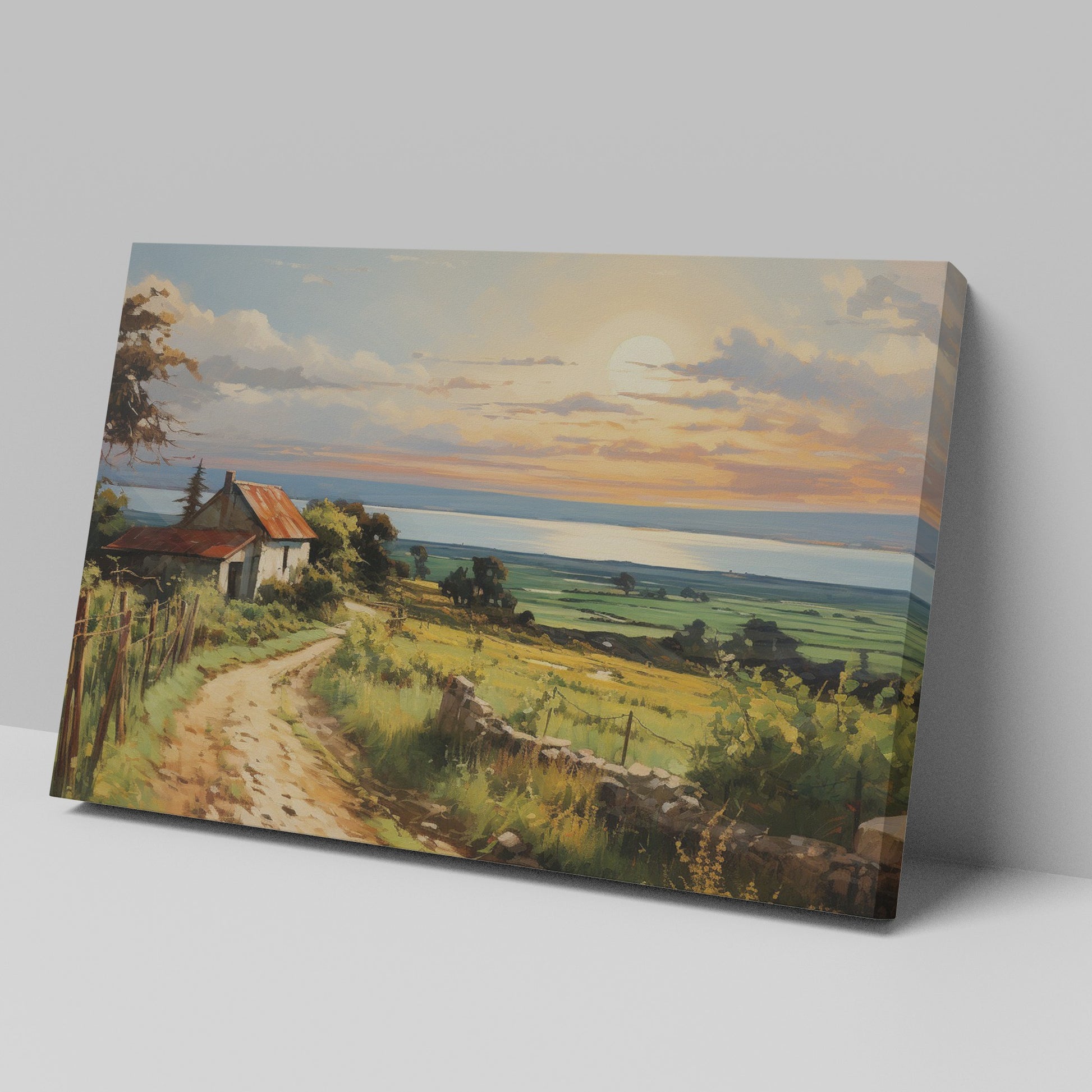 Framed canvas print of a rustic farmhouse and path leading to a sunset over the sea