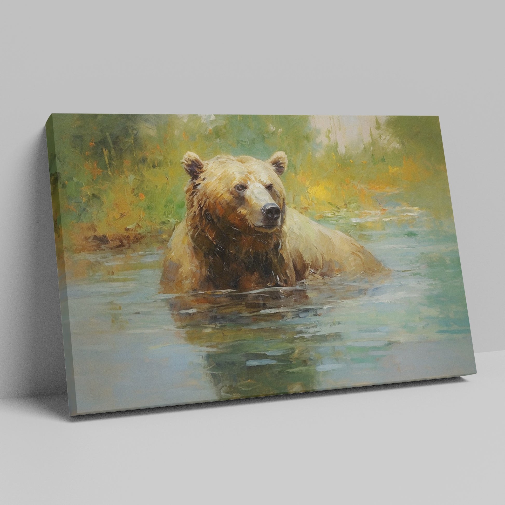 Framed canvas print of an impressionistic painting of a brown bear in a tranquil river setting with lush greenery