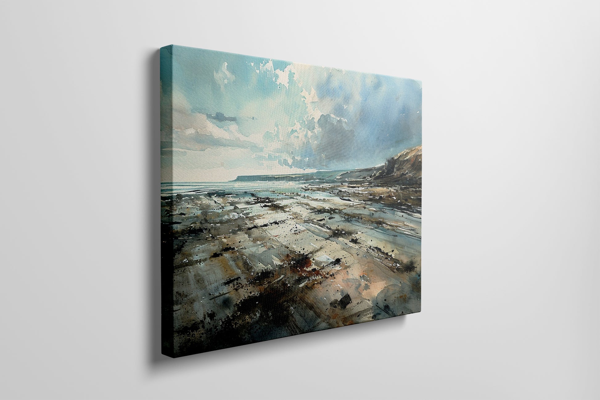 Framed canvas print of a serene watercolour coastal landscape with soft blues and natural earthy tones