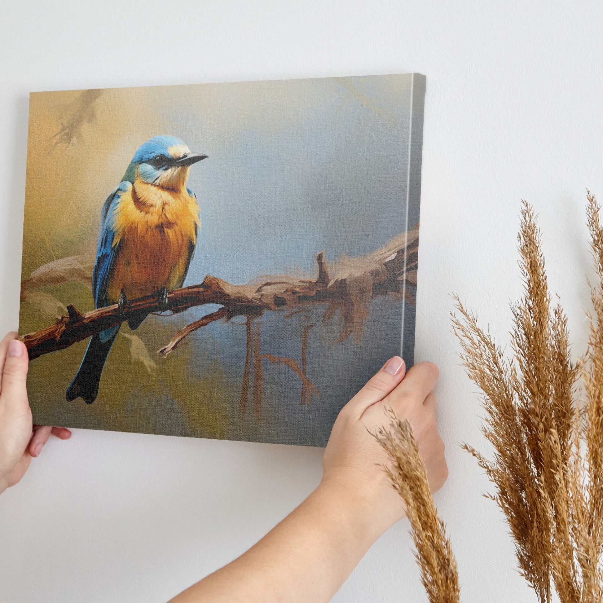 Framed canvas print of a realistic bluebird perched on a branch with vibrant blue and yellow colours