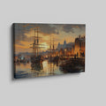 Framed canvas print of a historical port with sailing ships at sunset, featuring warm golden hues and reflective water