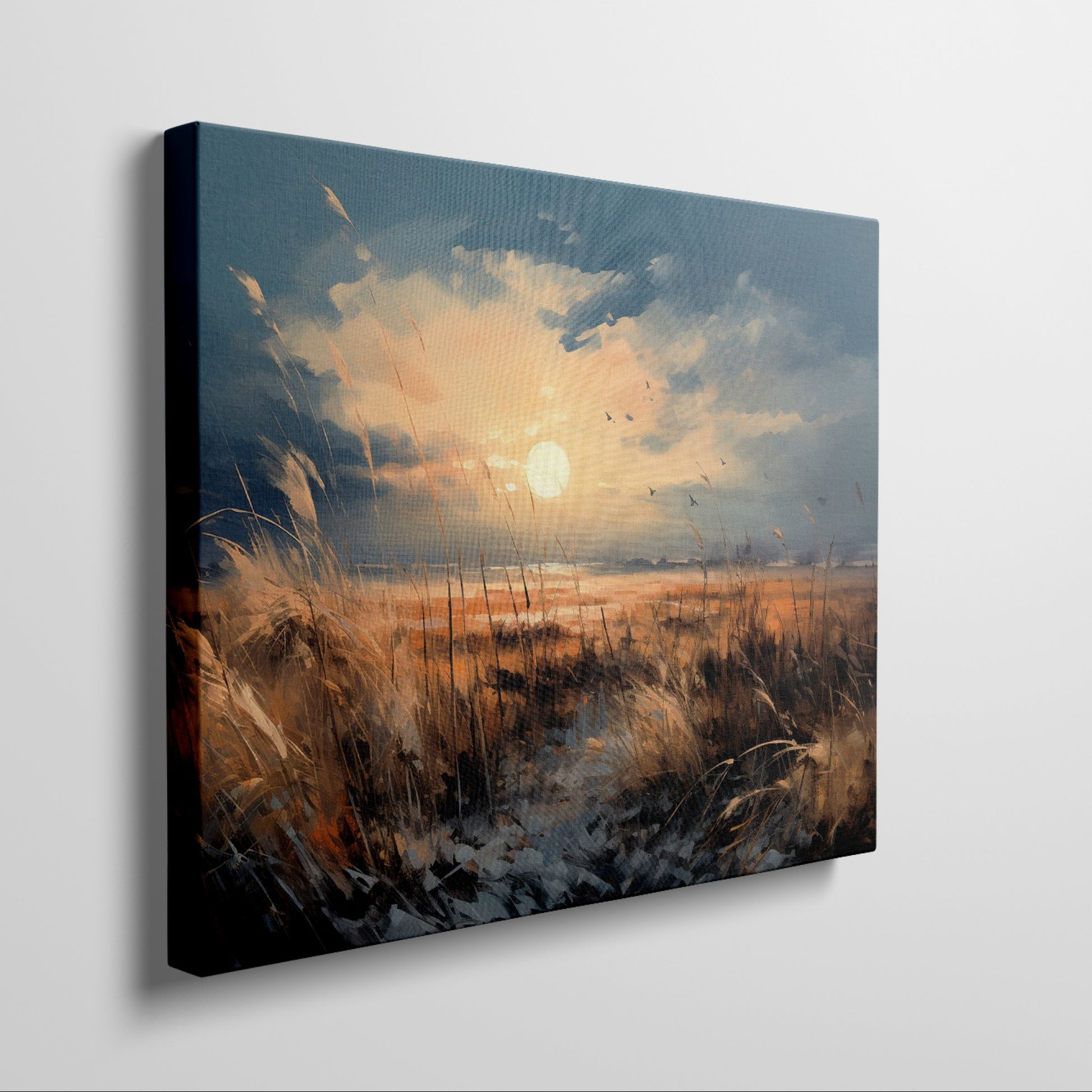 Framed canvas print of a rustic sunset with tall grasses and birds against a dramatic sky