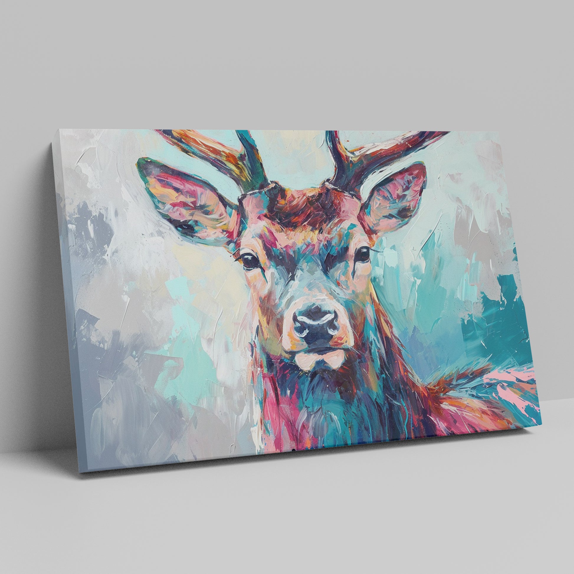 Framed canvas print of a colourful abstract stag with vivid brushstrokes