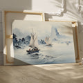 Framed canvas print of serene Oriental sailboats in watercolour with misty mountains and calm sea