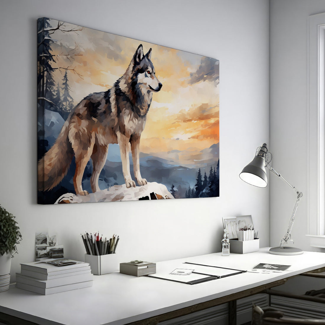 Framed canvas print of a majestic wolf overlooking a forest landscape at sunset