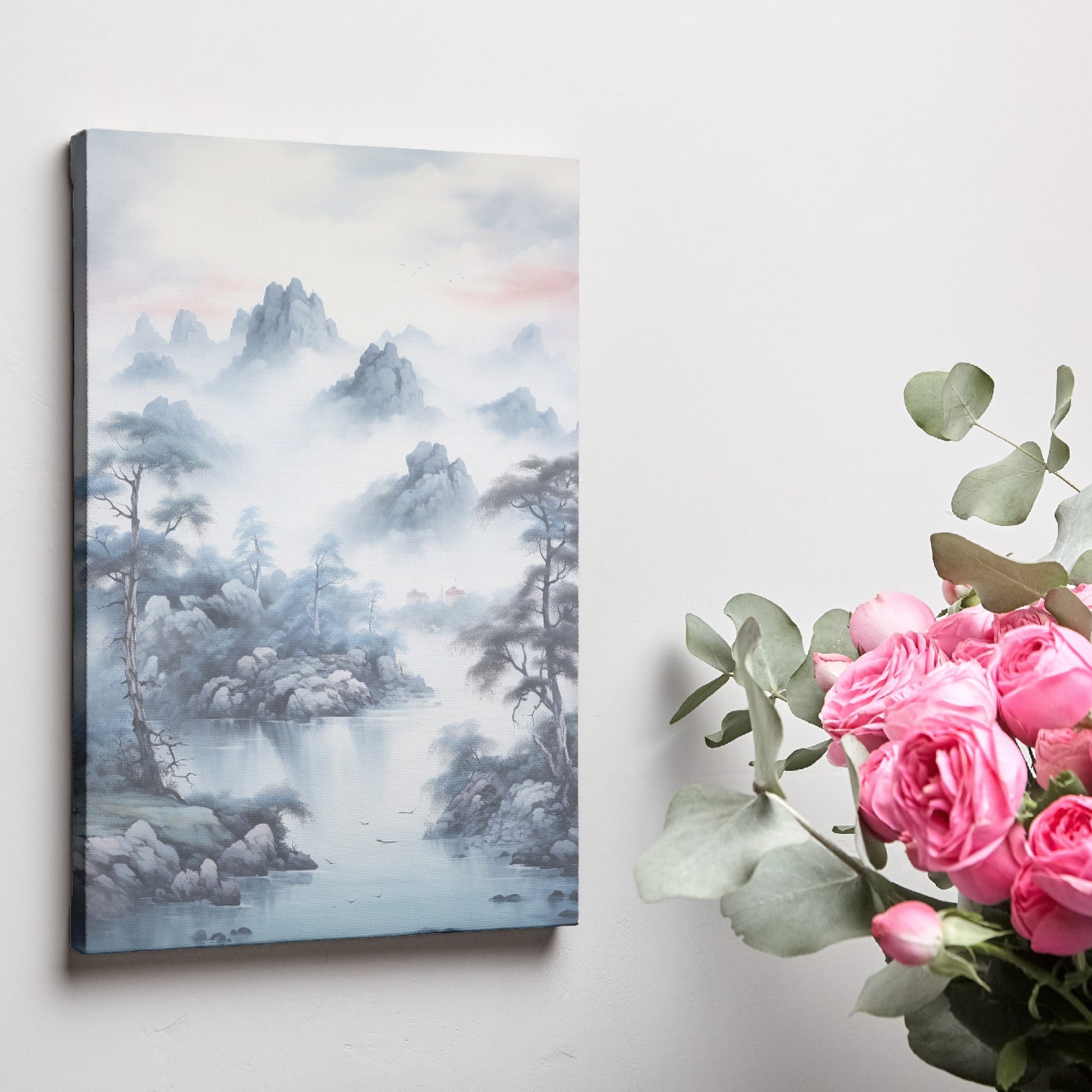 Framed canvas print of traditional Chinese landscape with misty mountains, pine trees, and lake