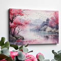 Framed canvas print of Oriental watercolour landscape with pink cherry blossoms, serene lake, and pagoda