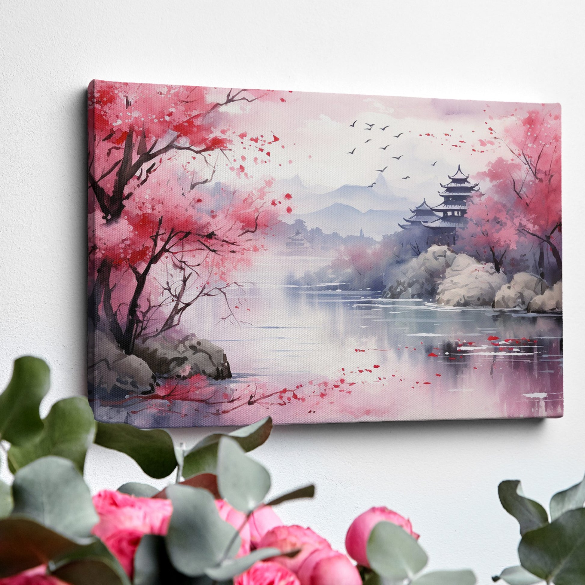 Framed canvas print of Oriental watercolour landscape with pink cherry blossoms, serene lake, and pagoda