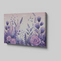 Framed canvas print of stylised floral meadow with pastel purple and pink tones