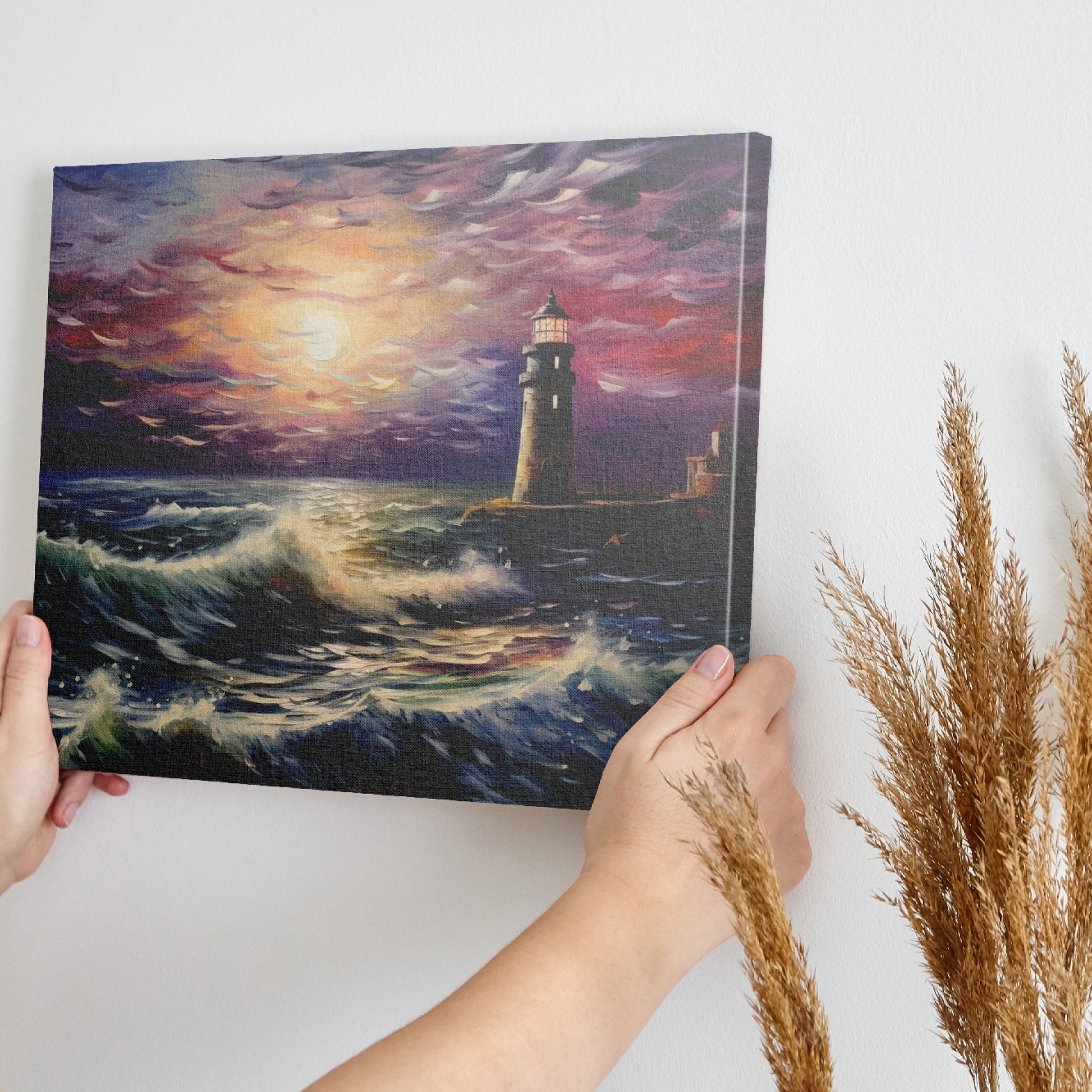 Framed canvas print of a dramatic sunset over a tempestuous sea with a lighthouse