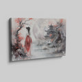 Framed canvas print of an Oriental landscape with a lady in red, cherry blossoms, and a traditional pagoda