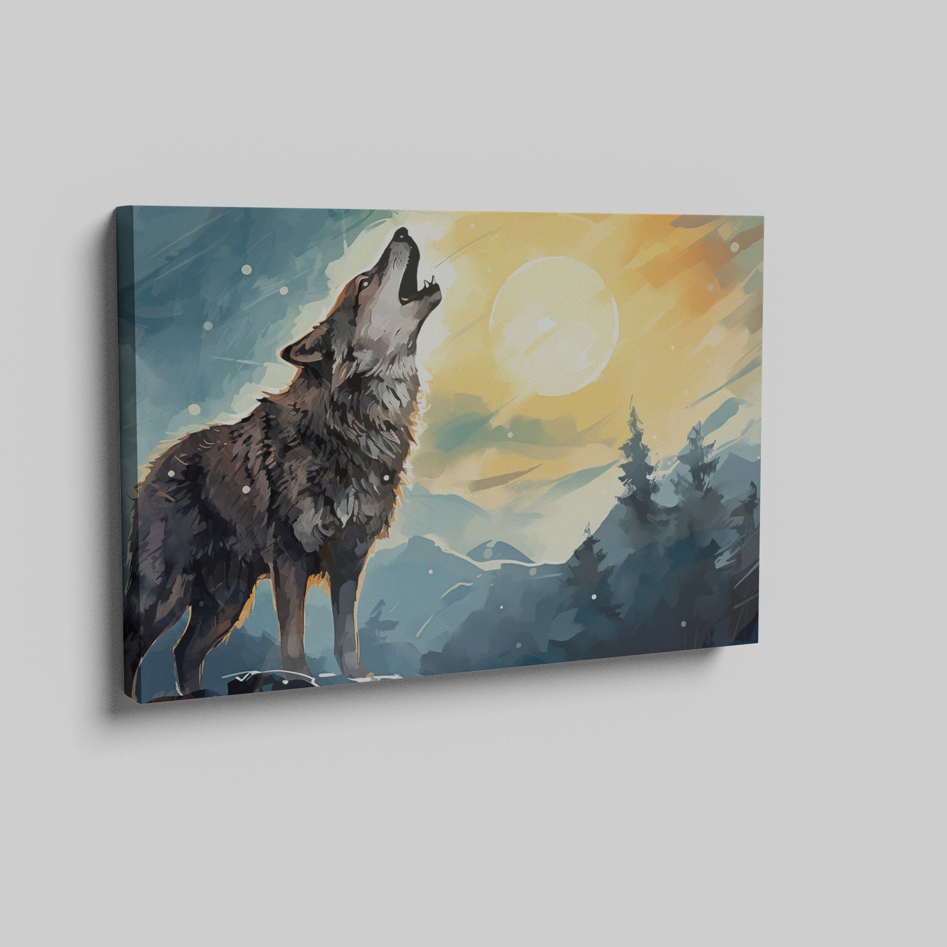 Framed canvas print of a howling wolf in a forest at sunset with orange and blue tones