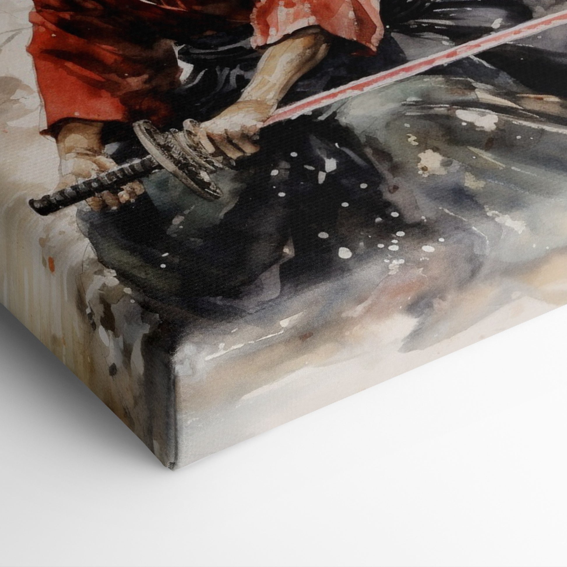 Framed canvas print of a Samurai warrior in red kimono with sword