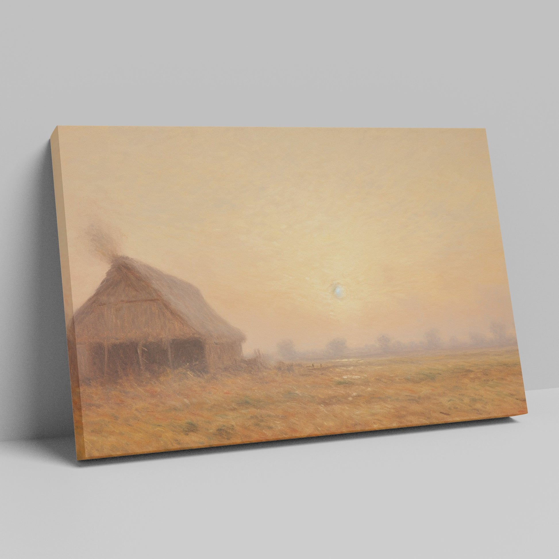 Framed canvas print of golden sunrise with a thatched cottage in a tranquil countryside scene