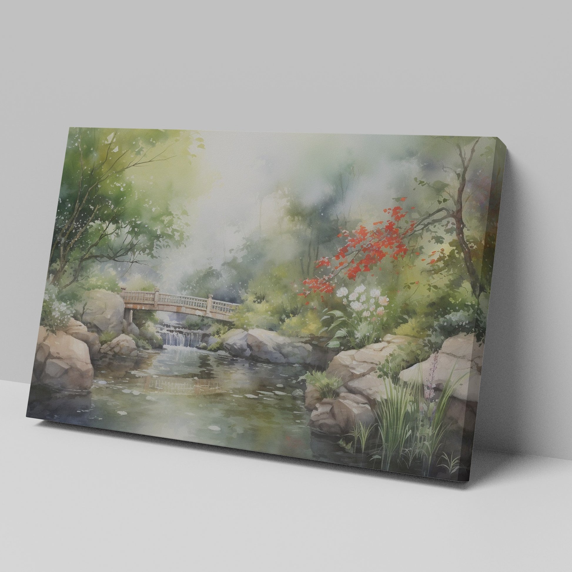 Framed canvas print of a serene Japanese garden with a bridge, waterfall, and flowers