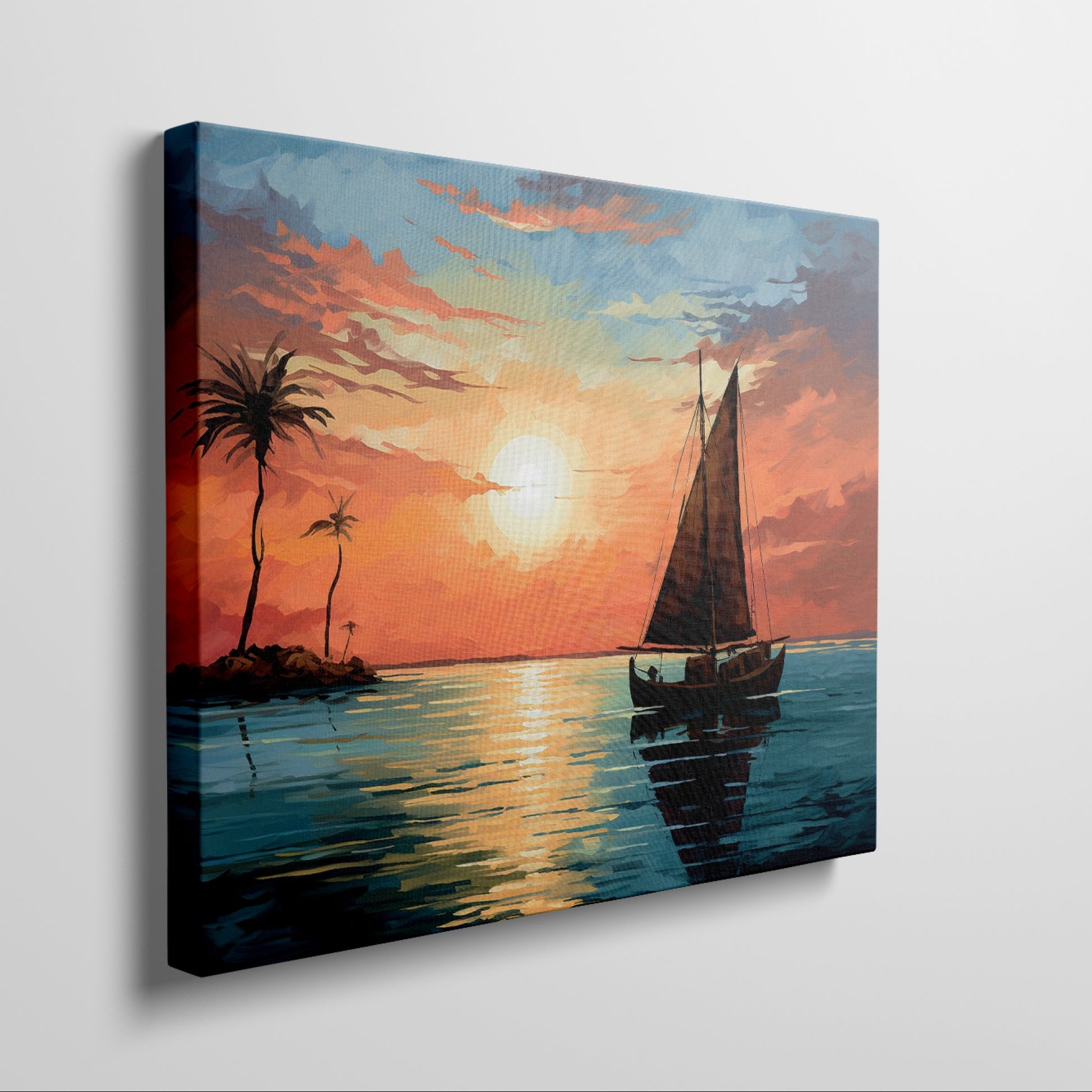 Framed canvas print of a tropical sunset with a sailboat and palm trees