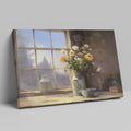 Framed canvas print of a rustic wildflower bouquet on a window sill, with soft morning light