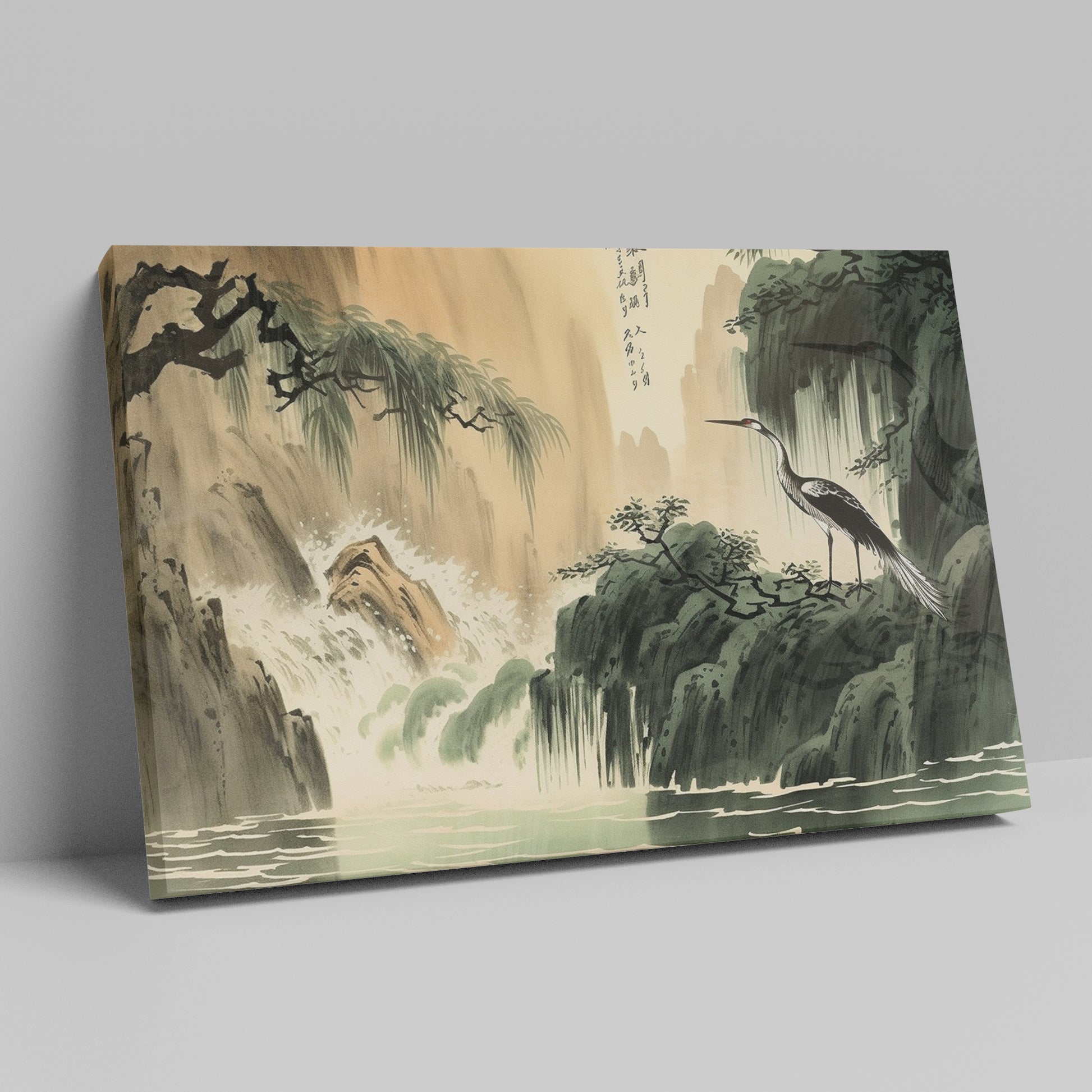 Framed canvas print of an Oriental crane beside a waterfall in traditional Chinese ink wash style