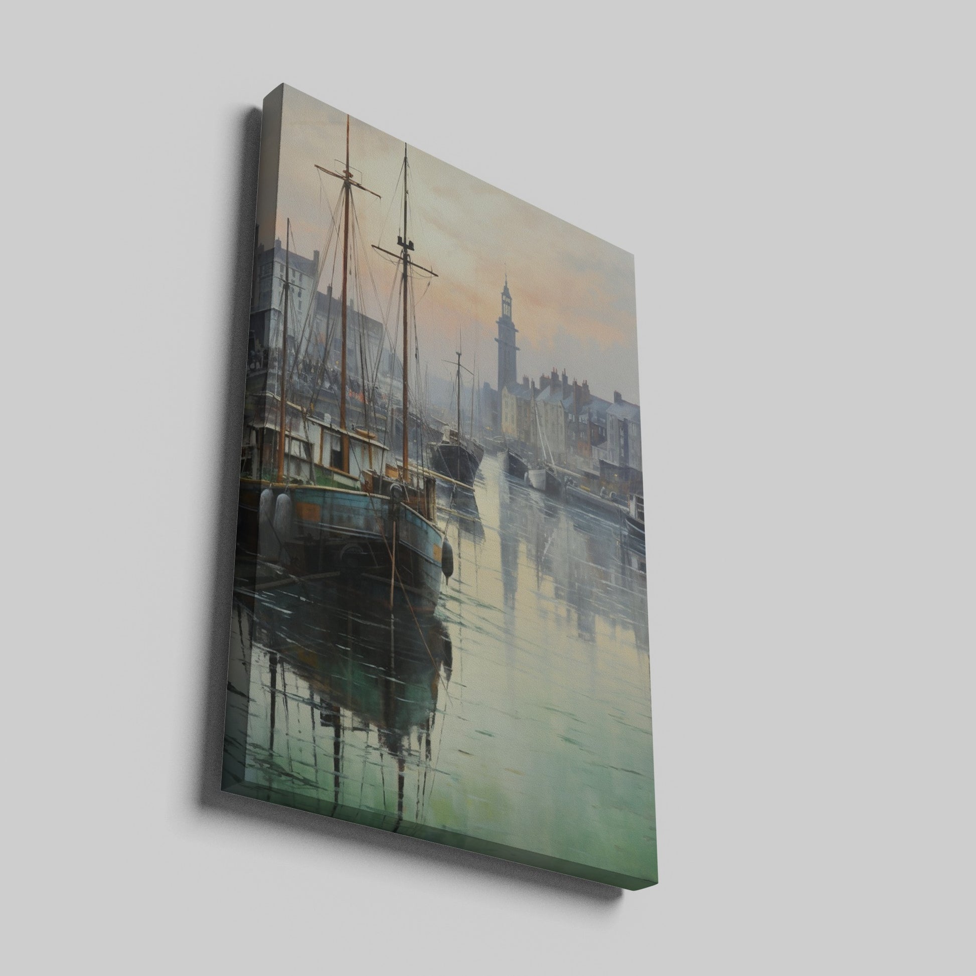 Framed canvas print of a serene harbour scene with sailing boats and a historic lighthouse at dawn