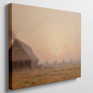 Framed canvas print of golden sunrise with a thatched cottage in a tranquil countryside scene