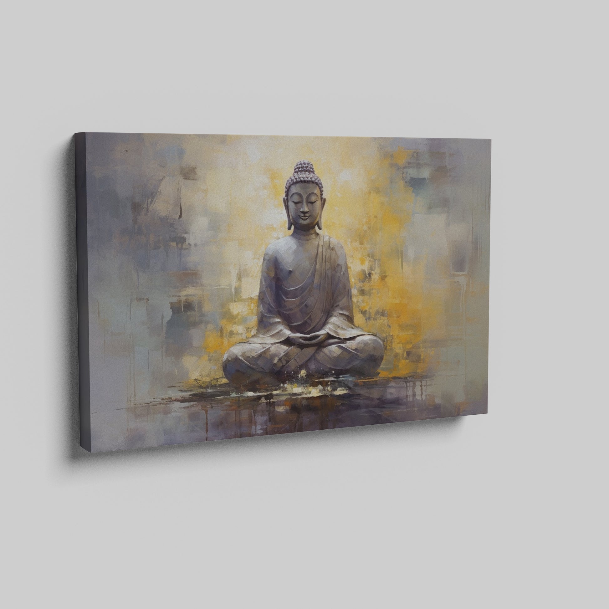 Framed canvas print of a serene Buddha in meditation with abstract warm and cool tones