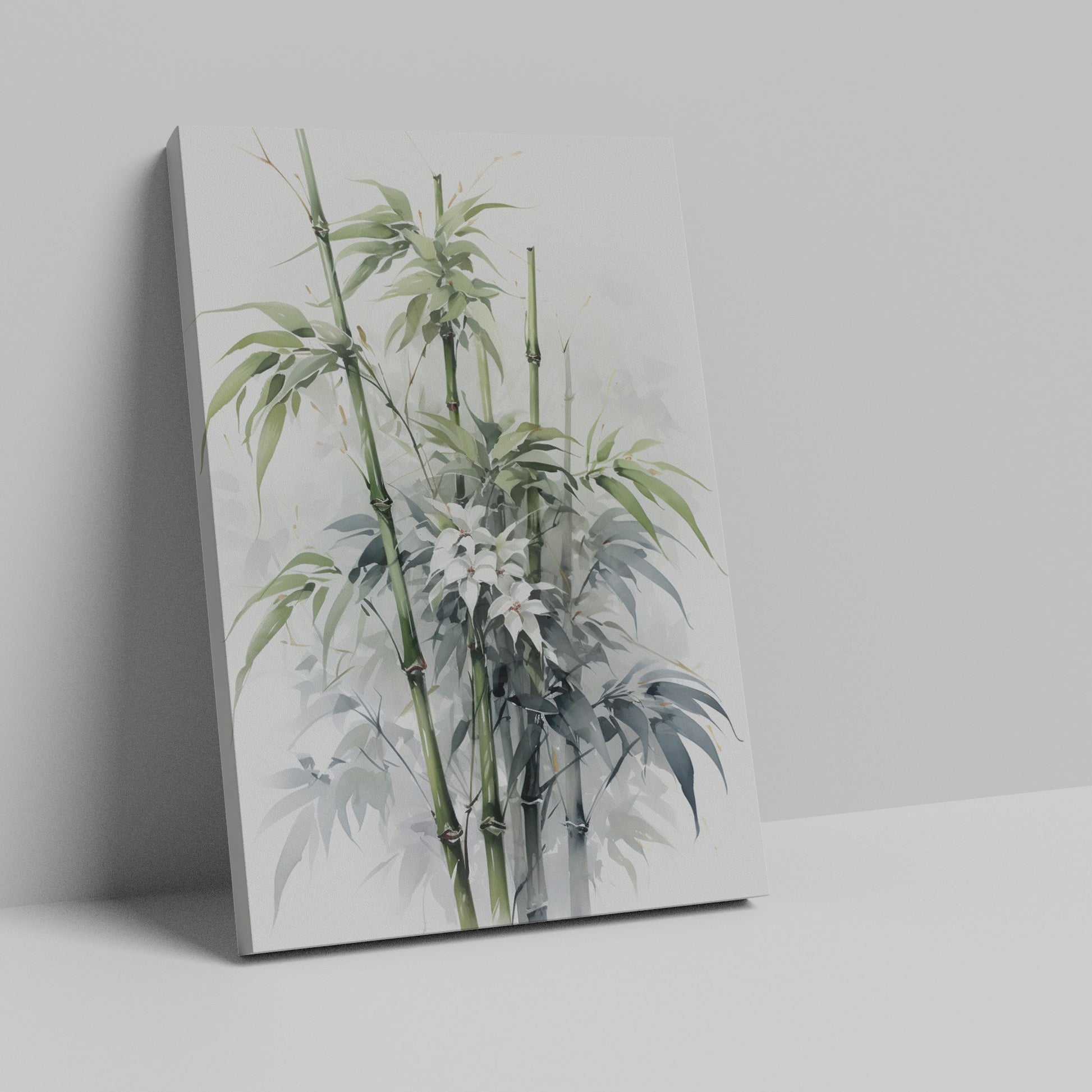 Framed canvas print of stylised bamboo and white flowers in watercolour