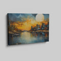 Framed canvas print of vibrant sunset with cityscape reflection over water and textured brush strokes