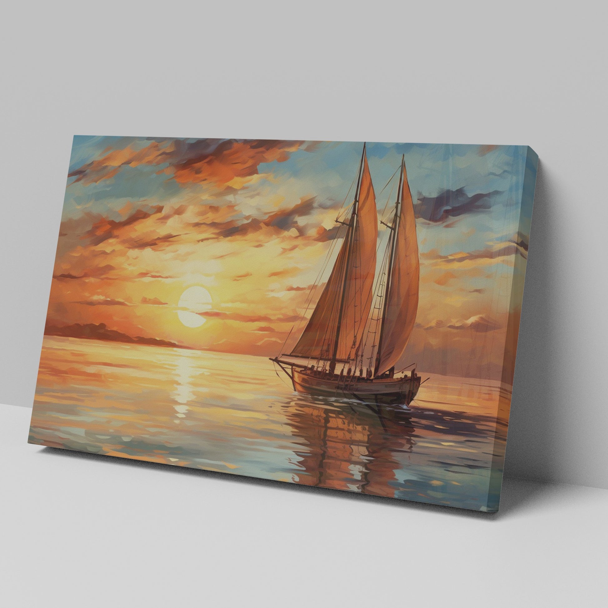 Impressionistic canvas painting of a sailboat at sunset with vivid orange sky and calm sea reflections