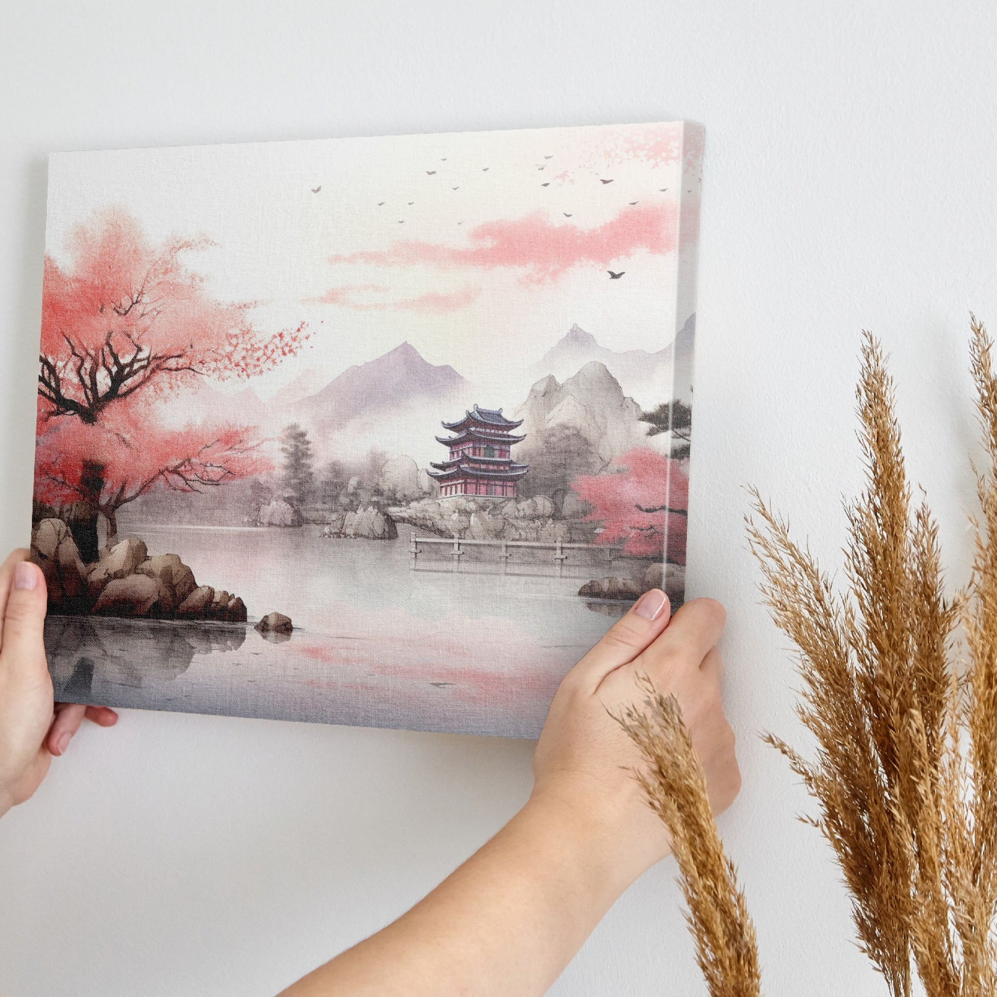 Framed canvas print of oriental landscape with cherry blossoms and pagoda