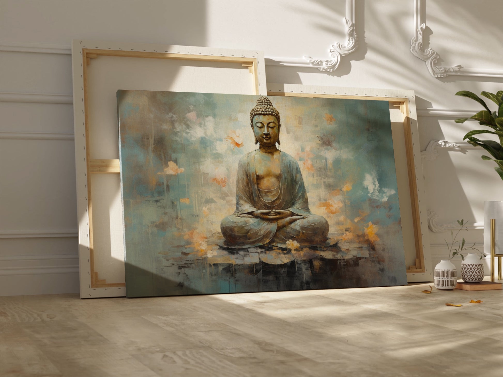 Framed canvas print of serene Buddha in meditation with abstract blue and orange background